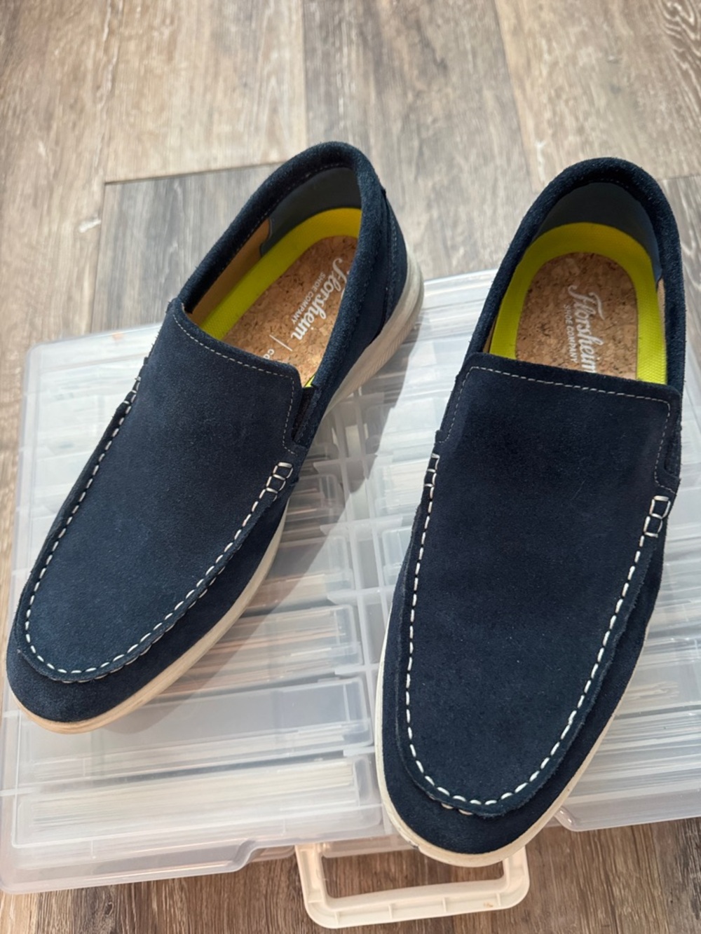 Florsheim Navy Suede Slip-On Loafers with White Stitching